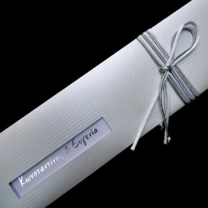 Προσκλητήριο γάμου -Γ1209 - <p>Μακρόστενος συρταρωτός φάκελος από ιδιαίτερο ιριδίζον χαρτί, ασημοτυπία ως κείμενο, δέσιμο από ασημί και λευκά κορδόνια.</p>...