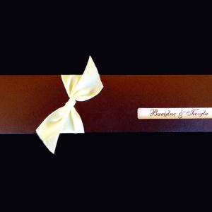 Προσκλητήριο Γάμου -Γ1430 - <p>Μακρόστενο minimal καφέ μεταλιζέ προσκλητήριο γάμου, με κρεμ σατέν κορδέλα.</p>...